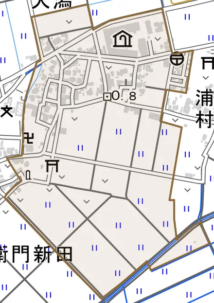 大潟とその周辺の地図。町の範囲を重ねている