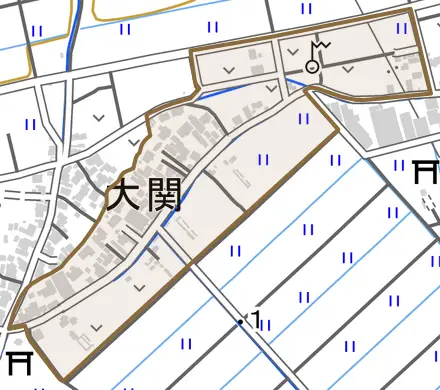 大関とその周辺の地図。町の範囲を重ねている