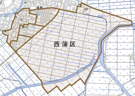 押付とその周辺の地図。町の範囲を重ねている
