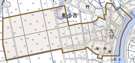 六分とその周辺の地図。町の範囲を重ねている