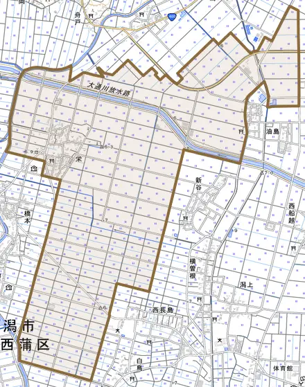 栄とその周辺の地図。町の範囲を重ねている