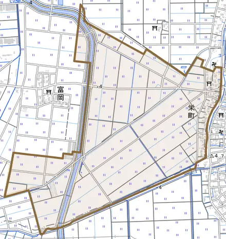栄町とその周辺の地図。町の範囲を重ねている