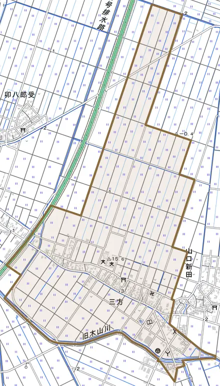 三方とその周辺の地図。町の範囲を重ねている