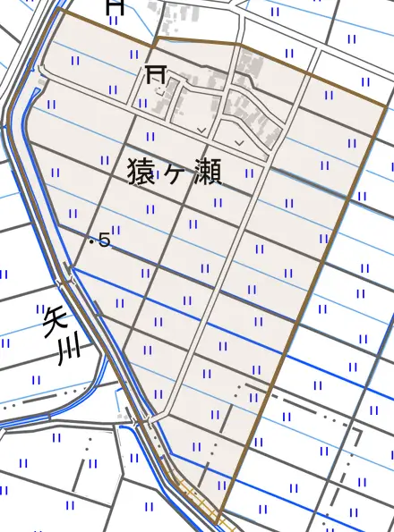 猿ケ瀬とその周辺の地図。町の範囲を重ねている