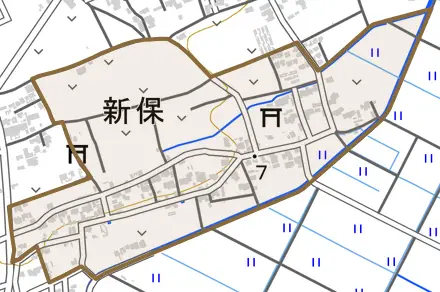 新保とその周辺の地図。町の範囲を重ねている