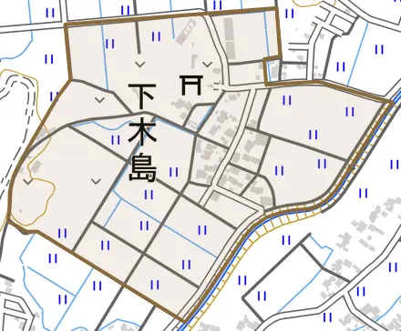 下木島とその周辺の地図。町の範囲を重ねている