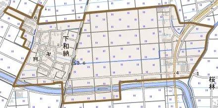 下和納とその周辺の地図。町の範囲を重ねている
