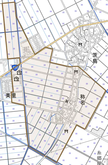 称名とその周辺の地図。町の範囲を重ねている