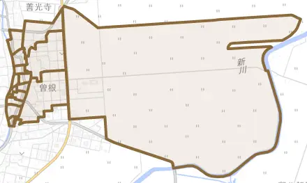 曽根とその周辺の地図。町の範囲を重ねている