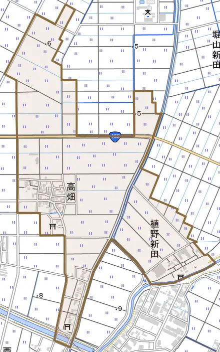高畑とその周辺の地図。町の範囲を重ねている