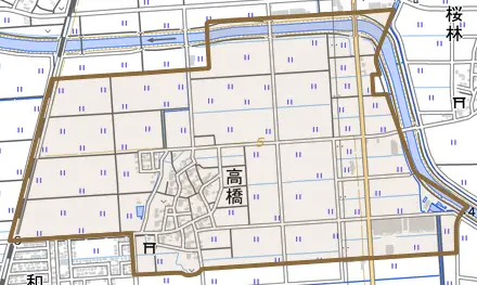 高橋とその周辺の地図。町の範囲を重ねている