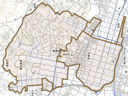 竹野町とその周辺の地図。町の範囲を重ねている