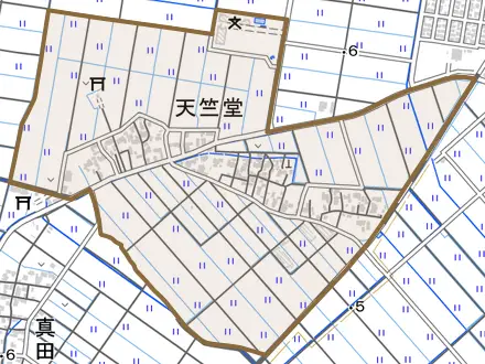 天竺堂とその周辺の地図。町の範囲を重ねている
