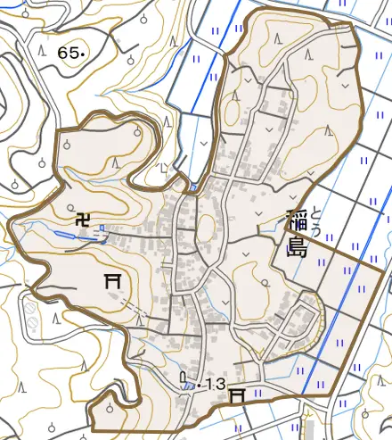 稲島とその周辺の地図。町の範囲を重ねている