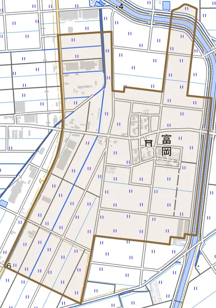 富岡とその周辺の地図。町の範囲を重ねている
