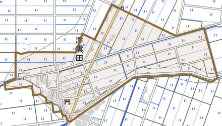 津雲田とその周辺の地図。町の範囲を重ねている