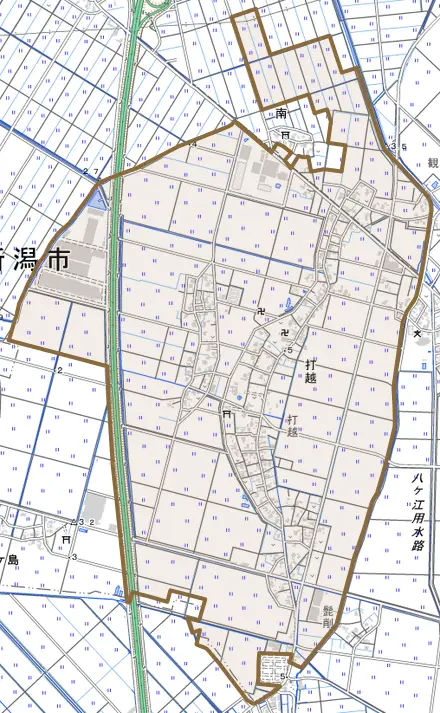 打越とその周辺の地図。町の範囲を重ねている
