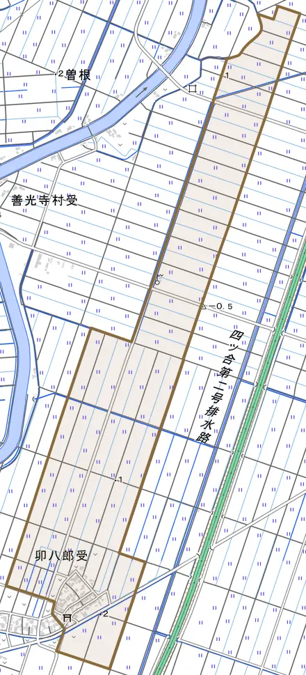 卯八郎受とその周辺の地図。町の範囲を重ねている