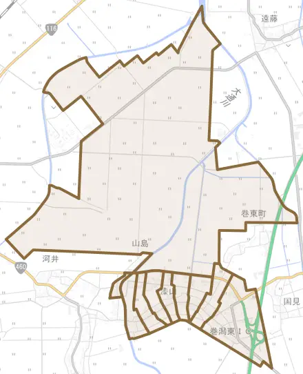 漆山とその周辺の地図。町の範囲を重ねている