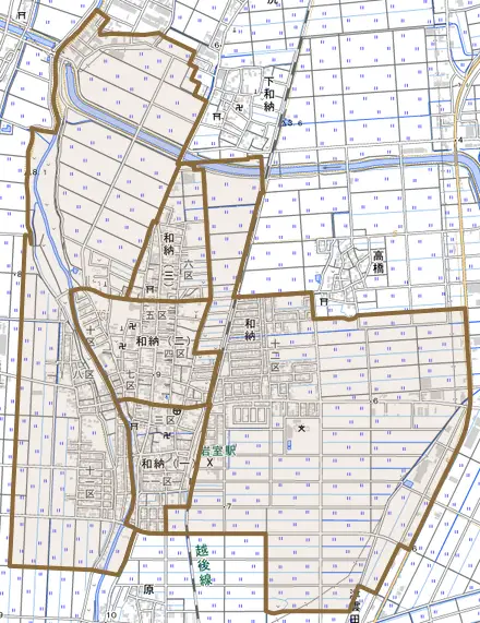 和納とその周辺の地図。町の範囲を重ねている