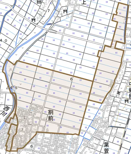 割前とその周辺の地図。町の範囲を重ねている