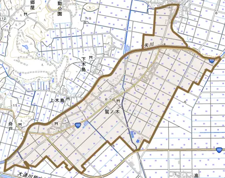 鷲ノ木とその周辺の地図。町の範囲を重ねている