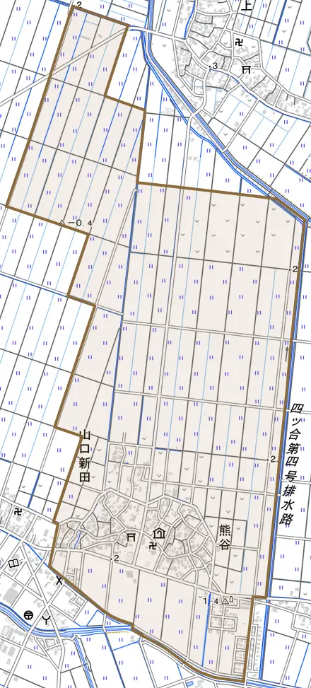 山口新田とその周辺の地図。町の範囲を重ねている