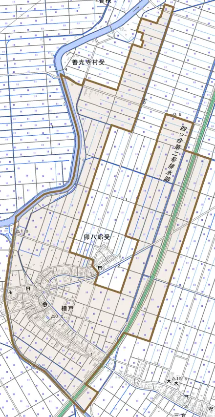 横戸とその周辺の地図。町の範囲を重ねている