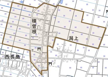 横曽根とその周辺の地図。町の範囲を重ねている