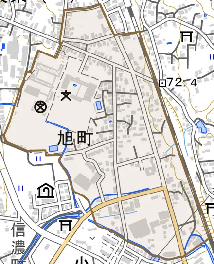 旭町とその周辺の地図。町の範囲を重ねている