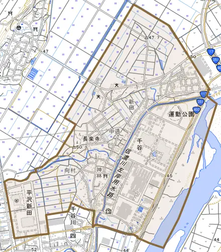 大字千谷とその周辺の地図。町の範囲を重ねている