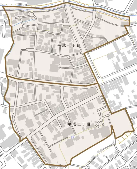 平成とその周辺の地図。町の範囲を重ねている
