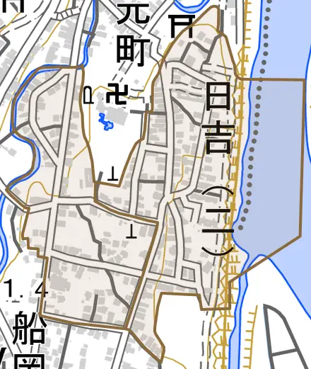 日吉とその周辺の地図。町の範囲を重ねている