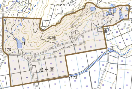大字池ケ原とその周辺の地図。町の範囲を重ねている