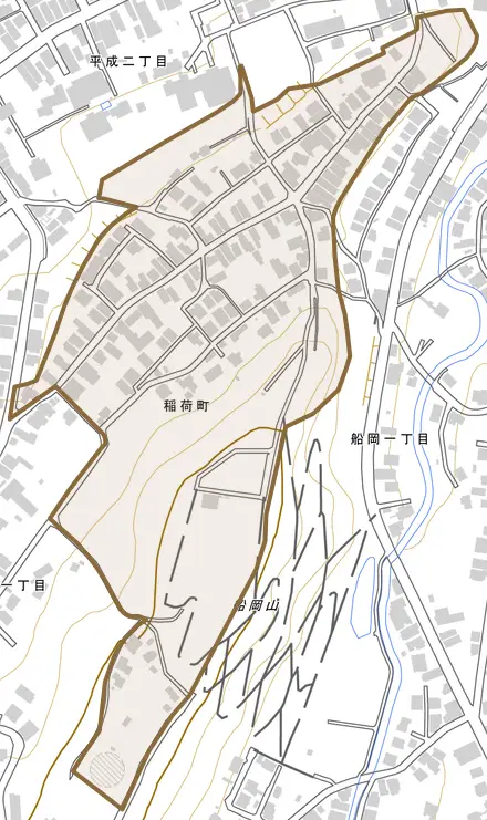 稲荷町とその周辺の地図。町の範囲を重ねている