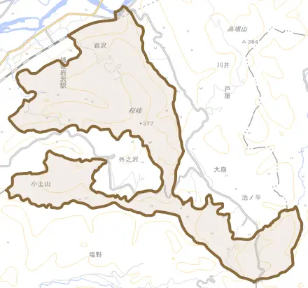 大字岩沢とその周辺の地図。町の範囲を重ねている