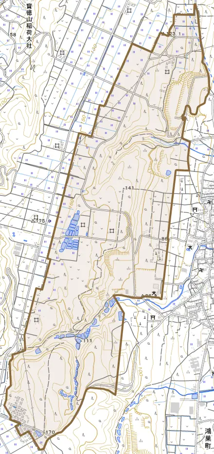 片貝町とその周辺の地図。町の範囲を重ねている