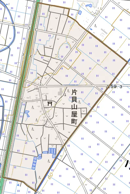 片貝山屋町とその周辺の地図。町の範囲を重ねている