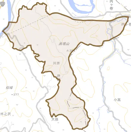 大字川井とその周辺の地図。町の範囲を重ねている