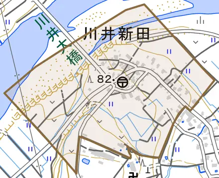 大字川井新田とその周辺の地図。町の範囲を重ねている