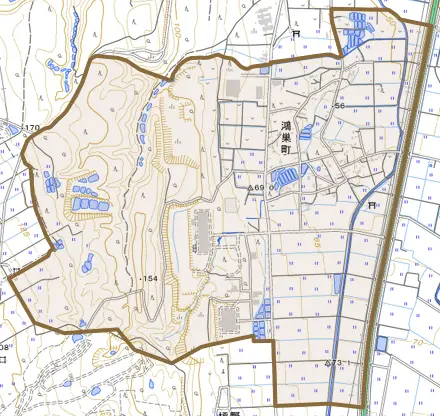 鴻巣町とその周辺の地図。町の範囲を重ねている