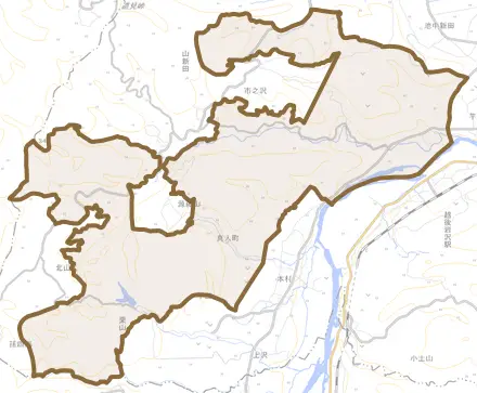 真人町とその周辺の地図。町の範囲を重ねている