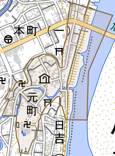 元町とその周辺の地図。町の範囲を重ねている