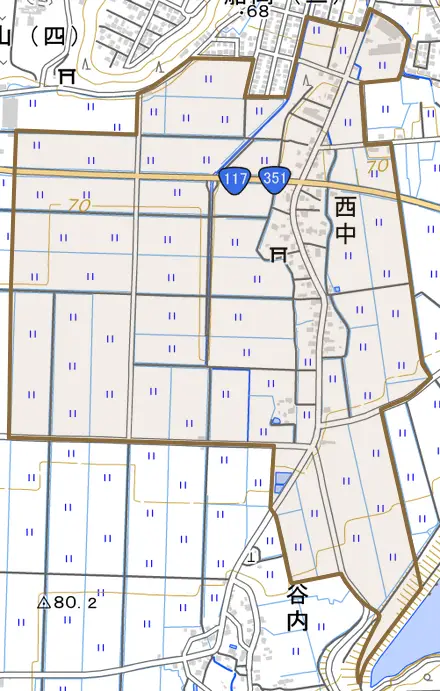 大字西中とその周辺の地図。町の範囲を重ねている