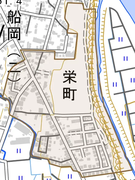 栄町とその周辺の地図。町の範囲を重ねている