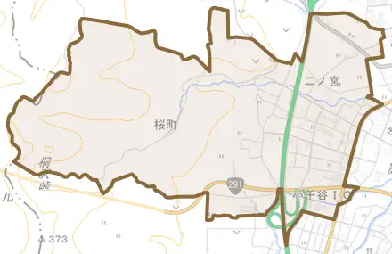 大字桜町とその周辺の地図。町の範囲を重ねている