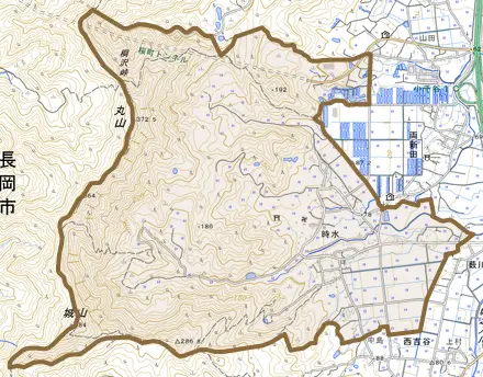 大字時水とその周辺の地図。町の範囲を重ねている