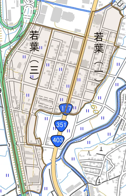 若葉とその周辺の地図。町の範囲を重ねている
