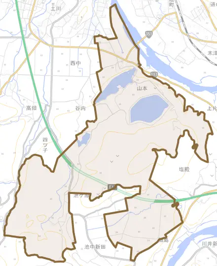 大字山本とその周辺の地図。町の範囲を重ねている