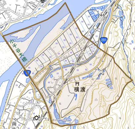 大字横渡とその周辺の地図。町の範囲を重ねている